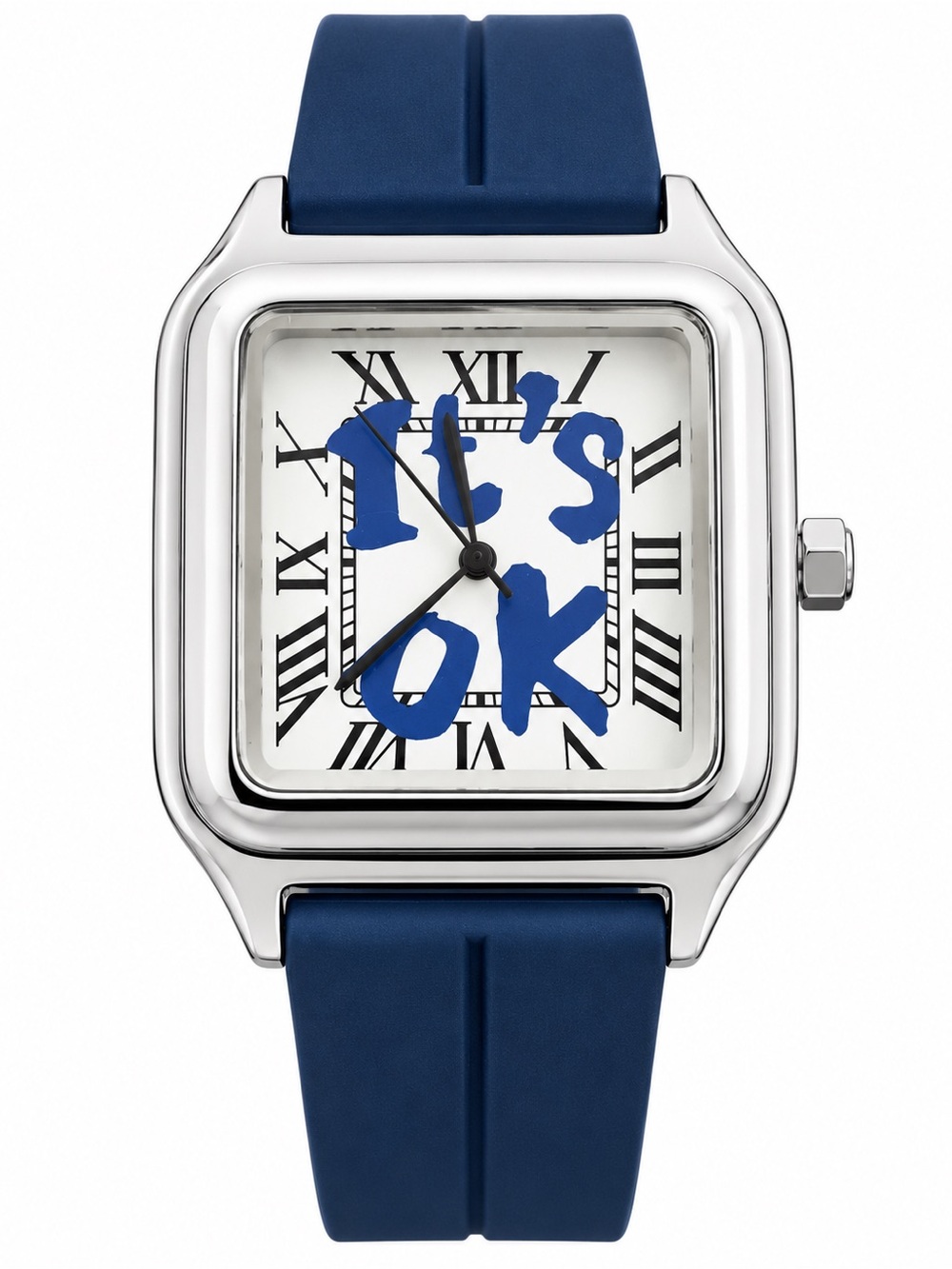 Brand New It’s Okay Silver Tank Watch with Blue Rubber strap